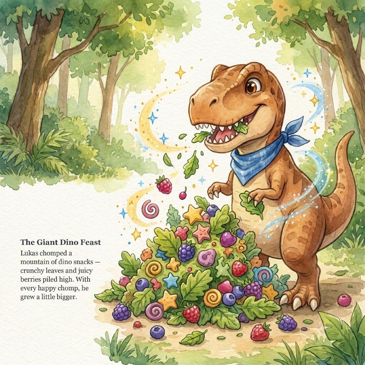 Interior page from a real Lukas-book order — dinosaur story page