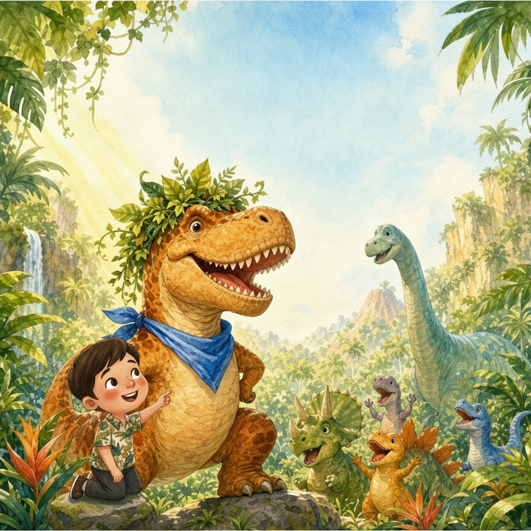 Watercolor dinosaur cover proof — child with a friendly T-Rex