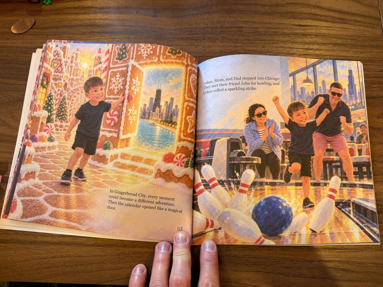 The real softcover opened to a family bowling story spread